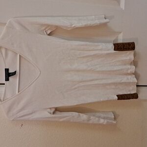 Lauren Ralph Lauren White Ribbed Suede Accent V-Neck Shirt Womens Size Small